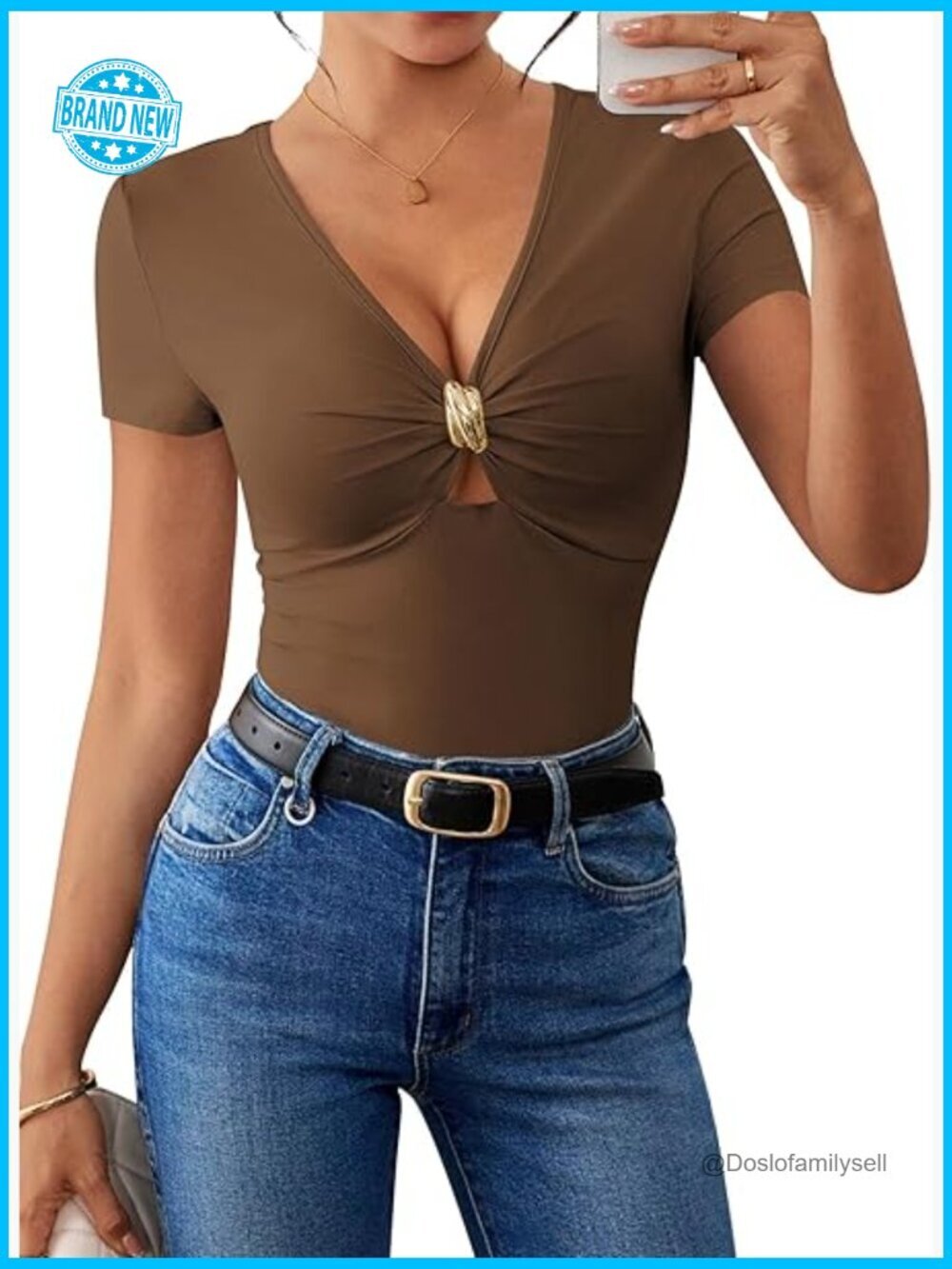 Deep V-Neck Short Sleeve Top with Metal Ring Detail Sleek Going Out Tee